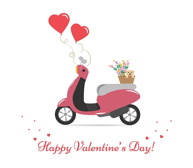 Valentijnsdag wenskaart Motor scooter roze met twee ballonnen in de vorm van een hart