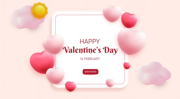 Vector valentijnsdag wenskaart verkoop achtergrond met hart ballonnen en wolken. papier gesneden stijl