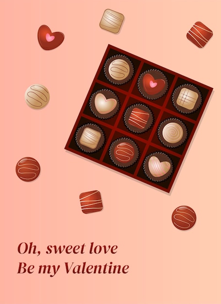 Valentijnsdag wenskaarten met chocolaatjes in doos. Liefdesymbolen voor geschenken, kaarten, posters.