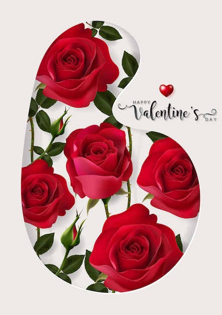 Valentijnsdag wenskaartsjablonen met realistisch van mooie roos en hart op achtergrondkleur.