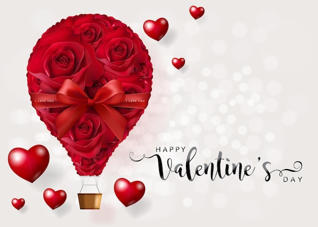Valentijnsdag wenskaartsjablonen met realistisch van mooie roos en hart op achtergrondkleur.