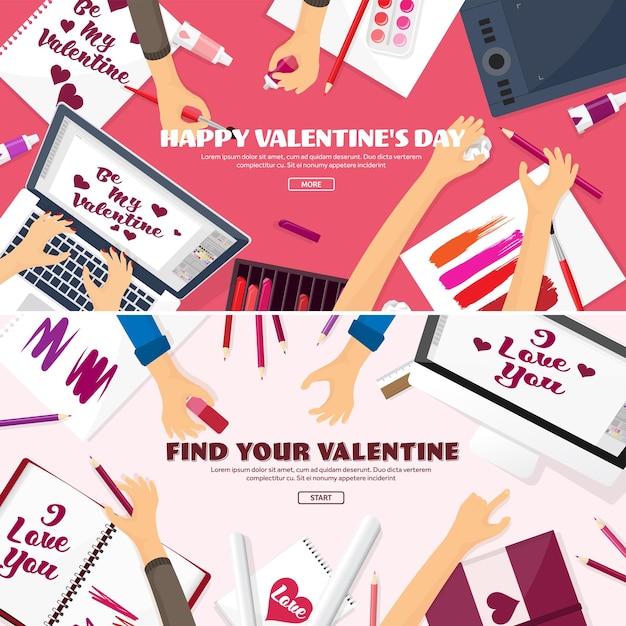 Vector valentijnsdag werkplaats met tafelontwerpapparatuur tekening op papier handgemaakte groetjes liefdekaart
