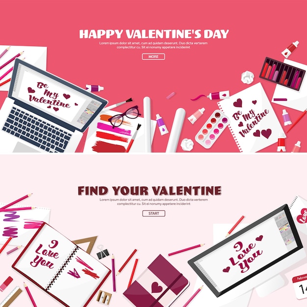 Vector valentijnsdag werkplaats met tafelontwerpapparatuur tekening op papier handgemaakte groetjes liefdekaart
