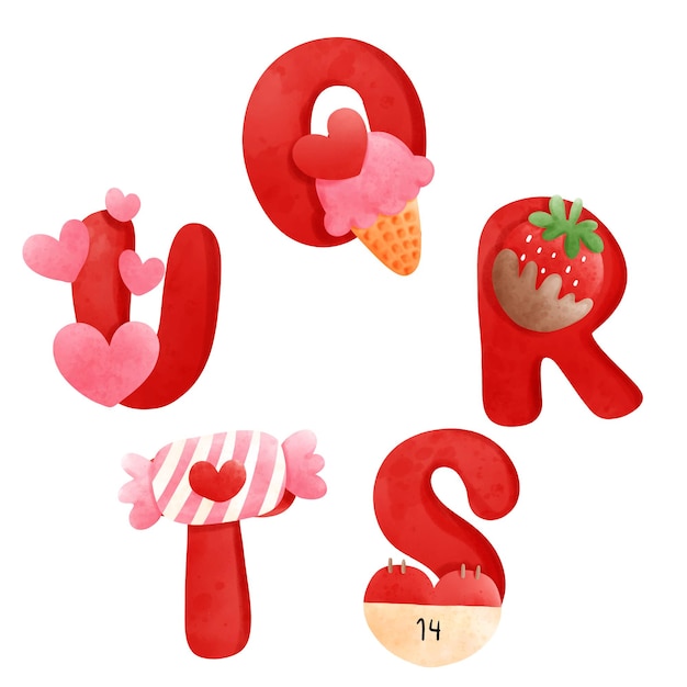 Vector valentijnsdag zoet alfabet, letter q,r,s,t,u