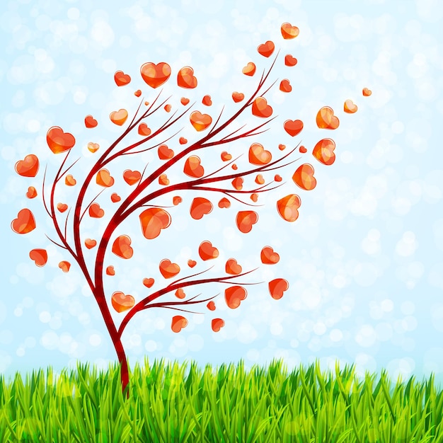 Vector valentijnsdagkaart met liefdesboom en groene gras vector