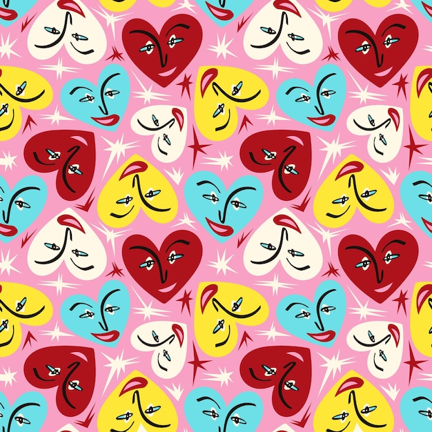 Valentijnsdagpatroon met lelijke funky harten Groovy schattige liefdeskarakters