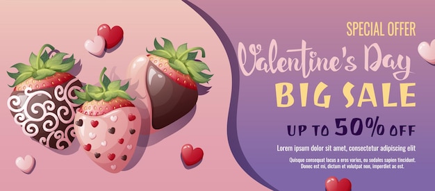 Vector valentijnsdagverkoopbanner achtergrondposter met rijpe aardbeien in chocolade kortingsbon sjabloon voor liefdesdag