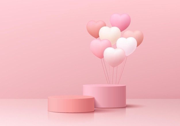 Valentine 3d background with realistic pink cylinder pedestal podium floating balloon hearts shape