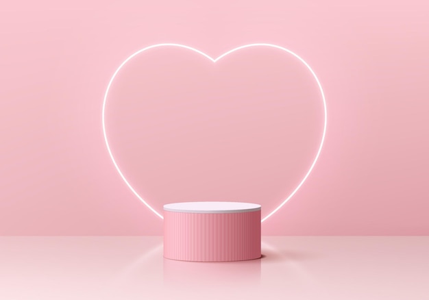 Sfondo 3d di san valentino con podio con piedistallo cilindrico bianco rosa realistico forma di cuore con luce al neon