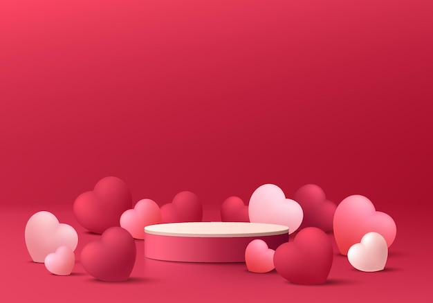 Вектор Валентина 3d фон с реалистичным красным и розовым цилиндром на подиуме в форме сердца из воздушного шара