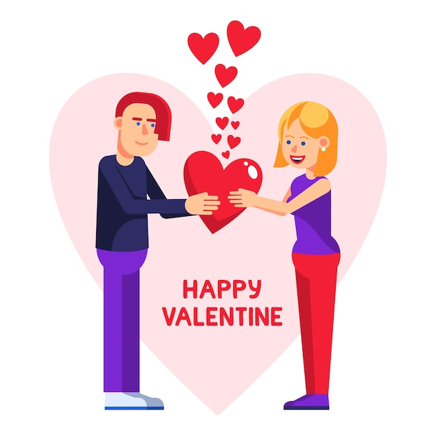 Valentine ansichtkaart met liefde paar en hart. mensen houden een hartvorm vast als teken van liefde. vector illustratie.