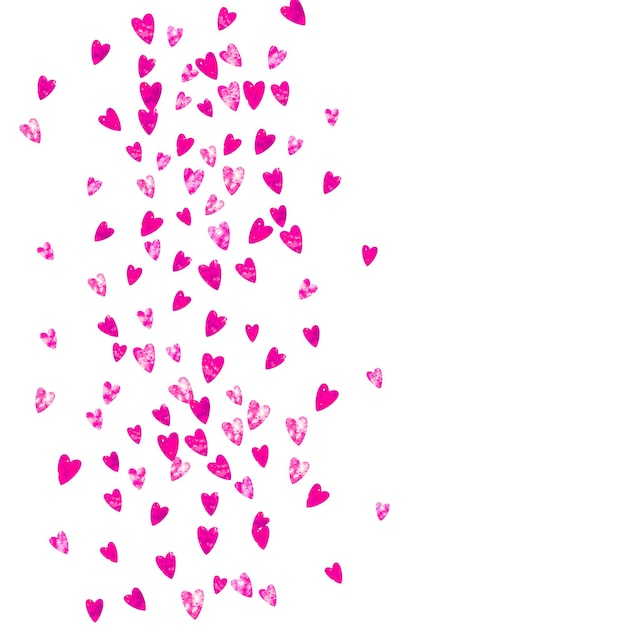 Valentine background with pink glitter hearts. February 14th day. Vector confetti for valentine background template. Grunge hand drawn texture.