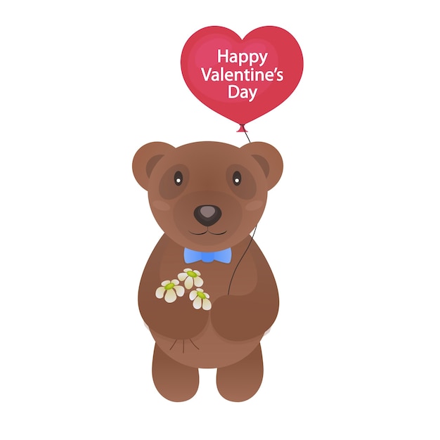 Orso di san valentino con fiori e palloncino rosso con il segno happy valentine's day per l'uso di francobolli di biglietti di auguri, etichette, manifesti e citazioni romantiche vector illustration