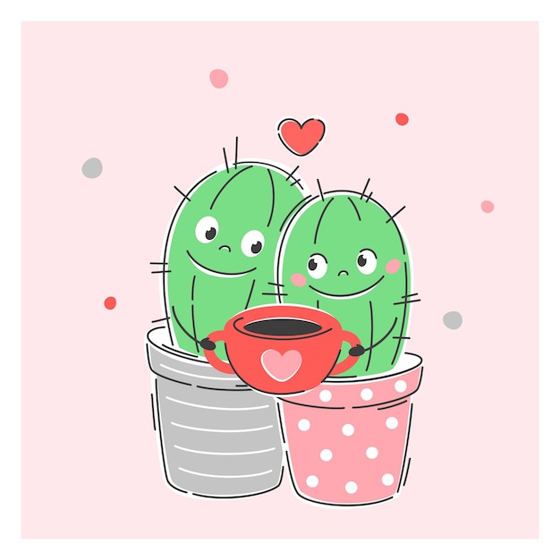 Valentine card. Happy Valentine's Day. Couple of cute cacti characters in a flowerpot drink coffee