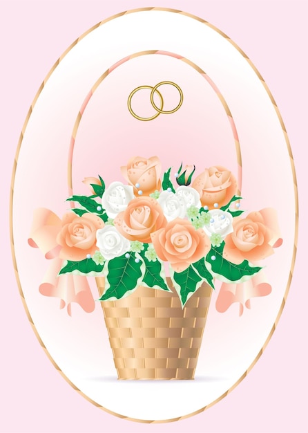 Валентинка с букетом невесты из чайных роз с каплями росы в плетеной корзине.