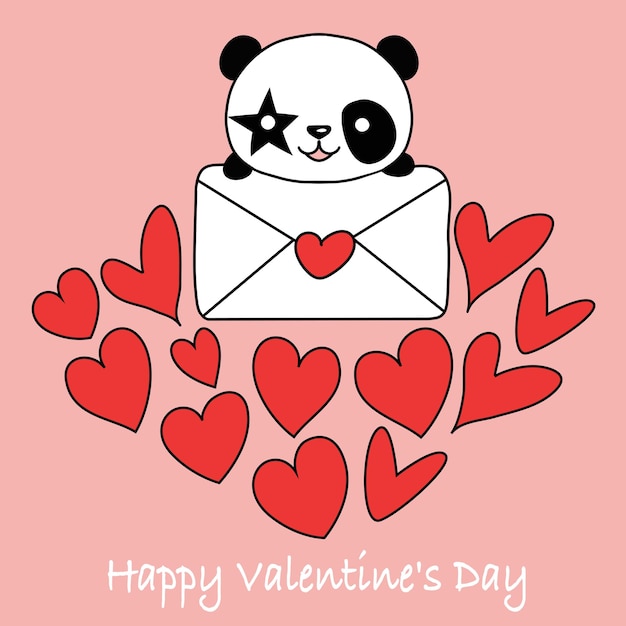 Valentine card with cute panda and hearts Love concept Illustration on a pink background