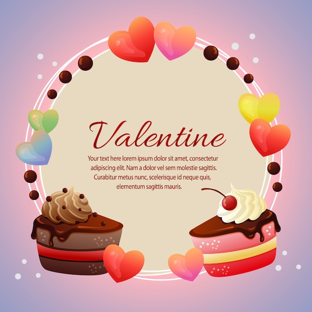 Valentine card with cute slice of chocolate cake