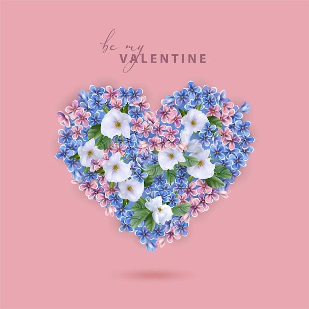 Cartolina di san valentino con forma di cuore formata da fiori bianchi, blu e rosa realistici