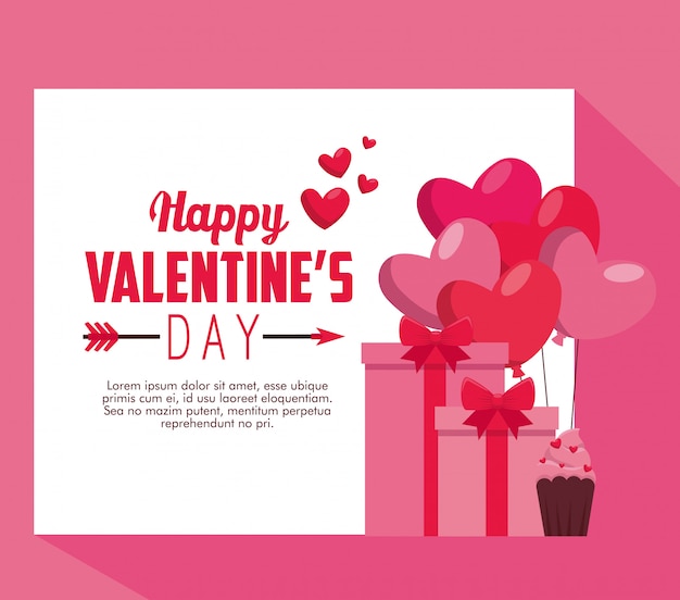 Valentine card with presents gifts and hearts balloons