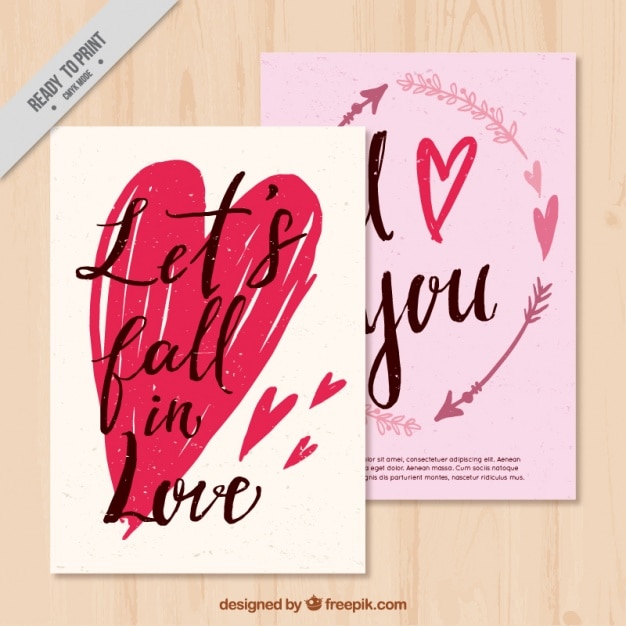 Vector valentine cards with hand painted hearts