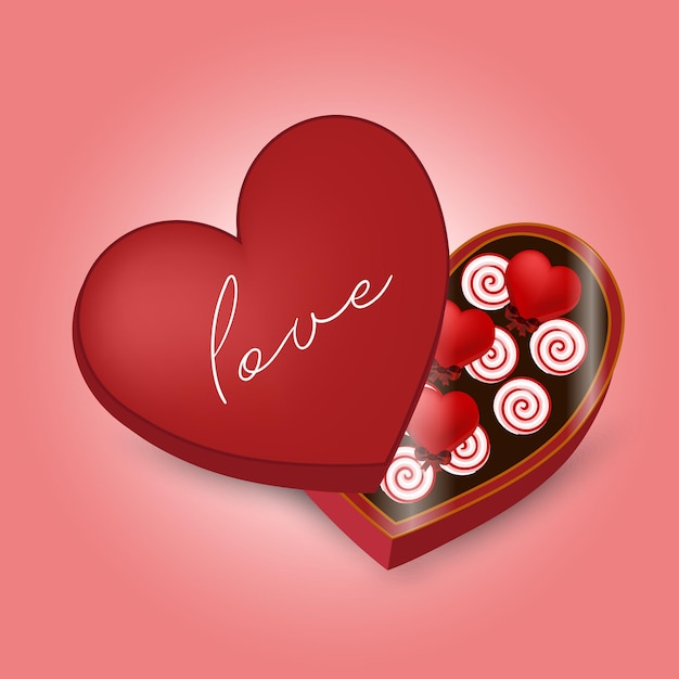 Vector valentine chocolate candies in red heart box
