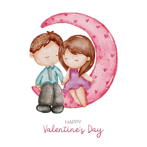 Valentine couple sitting on the moon watercolour paint