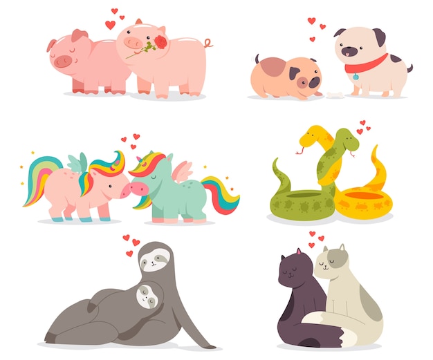 Valentine dag concept illustratie met schattige dieren in liefde stripfiguren instellen