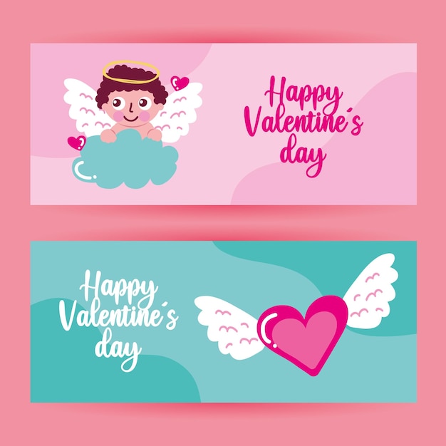 Valentine-dagbanners met engel en vliegend hart.