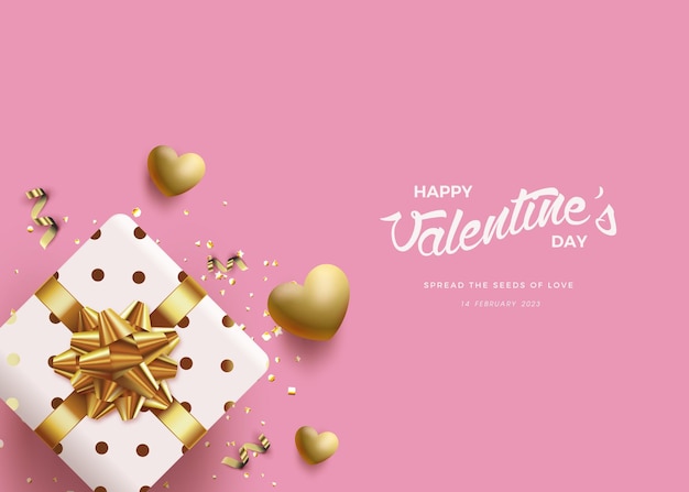 Valentine day background with gift box and golden luxury love balloons Premium design for greeting