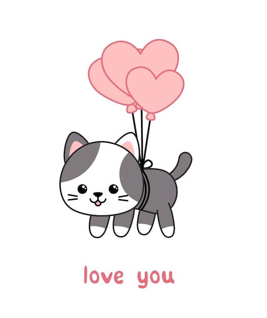 발렌타인 데이 카드 사랑하는 새끼 고양이는 풍선으로 날고 있습니다 만화 Kawaii 터 Eps 10