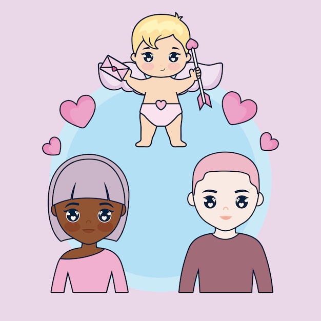 Valentine day card with couple and cupid