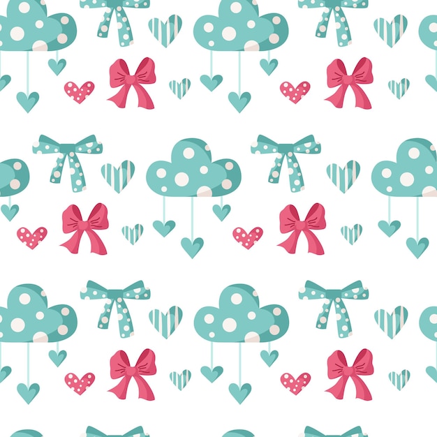 Valentine day cartoon seamless pattern - cute kids valentine bow, cloud, heart