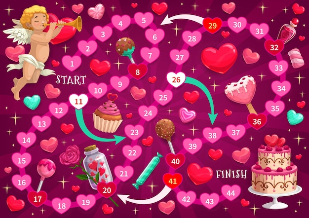 Valentine day children labyrinth game with cupid and holiday sweets