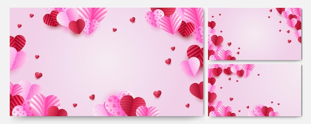 Valentine day concept background Vector illustration 3d red and pink paper hearts paper cut style