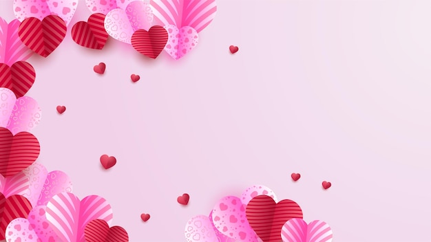 Valentine day concept background Vector illustration 3d red and pink paper hearts paper cut style