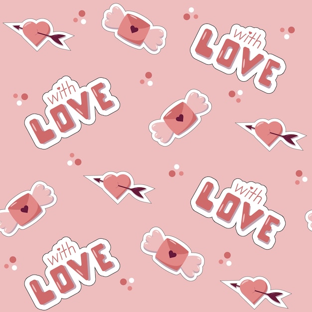 Vector valentine day concept seamless pattern with vector 
retro stickers letters with wings and hearts