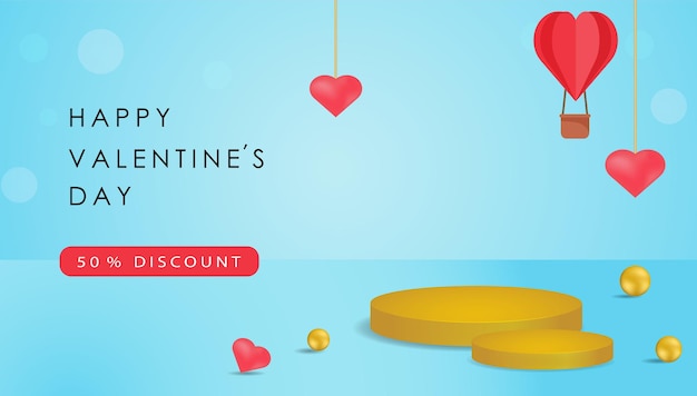Valentine day decor podium and heart on blue background. vector banner for promotion shopping product sale or card of offer for love holiday. graphic design