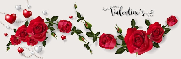 Valentine day greeting card templates with realistic of beautiful rose and heart on background color.