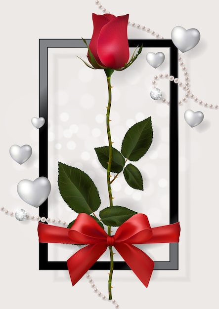 背景色に美しいバラとハートのリアルなバレンタインデーのグリーティングカードテンプレート。