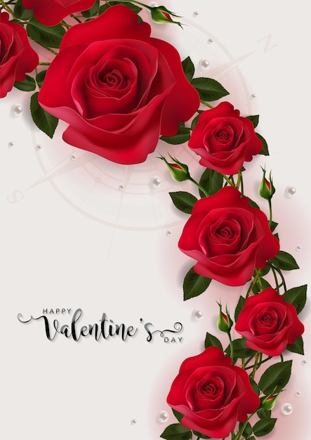 Valentine day greeting card templates with realistic of beautiful rose and heart on background color.