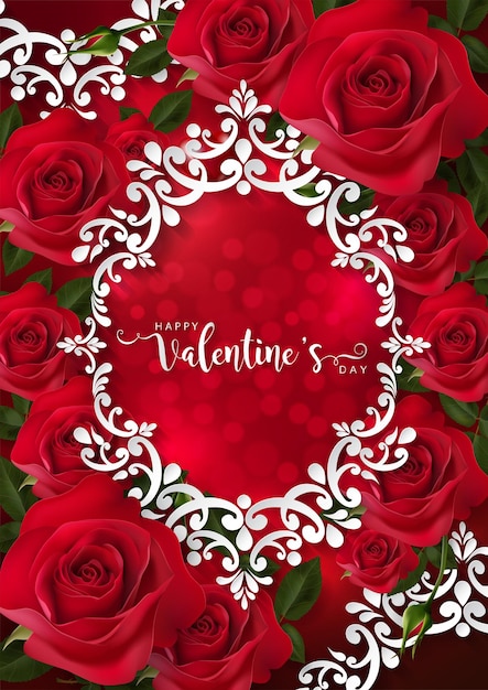 背景色に美しいバラとハートのリアルなバレンタインデーのグリーティングカードテンプレート。