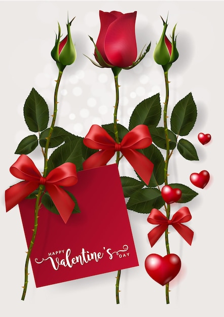 Шаблоны поздравительных открыток дня святого валентина с реалистичной красивой розой и сердцем на цвете фона.