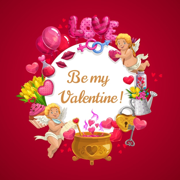 Valentine day heart balloons, flowers and cupid angels with magic love potion in golden cauldron