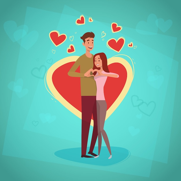 Le coppie di festa di san valentino abbracciano la cartolina d'auguri di forma del cuore di amore