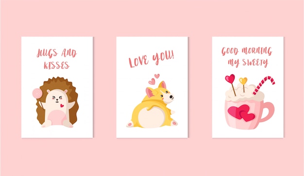 Valentine day-kaarten - het puppy van cartooncorgi, kawaiiegel met lolly, drank, suikergoedriet