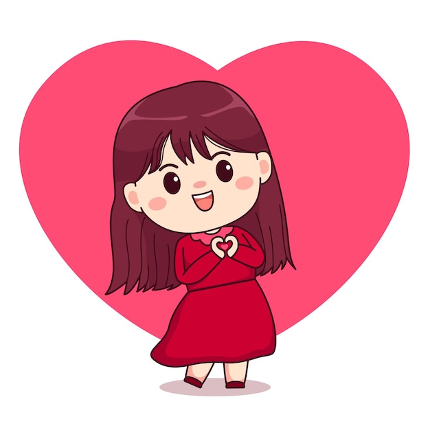 Valentine day love sign girl with red dress cute kawaii chibi character design