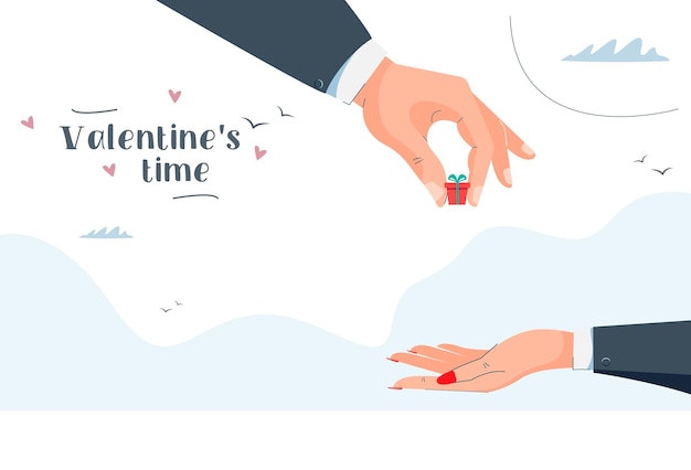 Valentine day. A man's hand gives a gift to a woman's hand. Gift exchange. Vector image