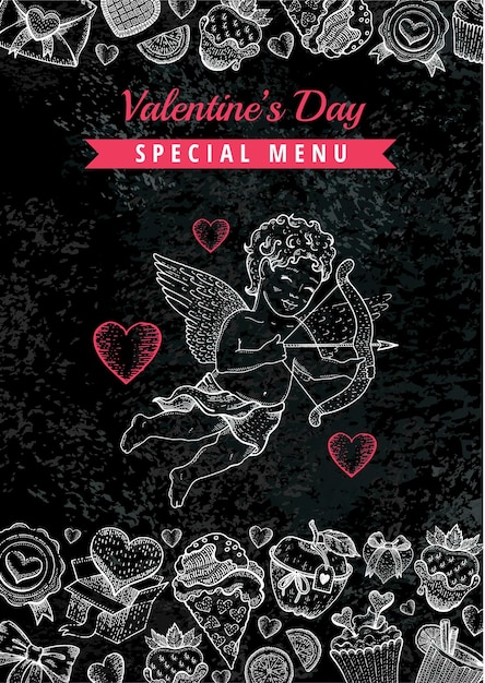 Valentine day menu dinner background love restaurant food menu sketch vector lunch breakfast card design template vintage poster with heart rose romantic pink frame invitation flyer