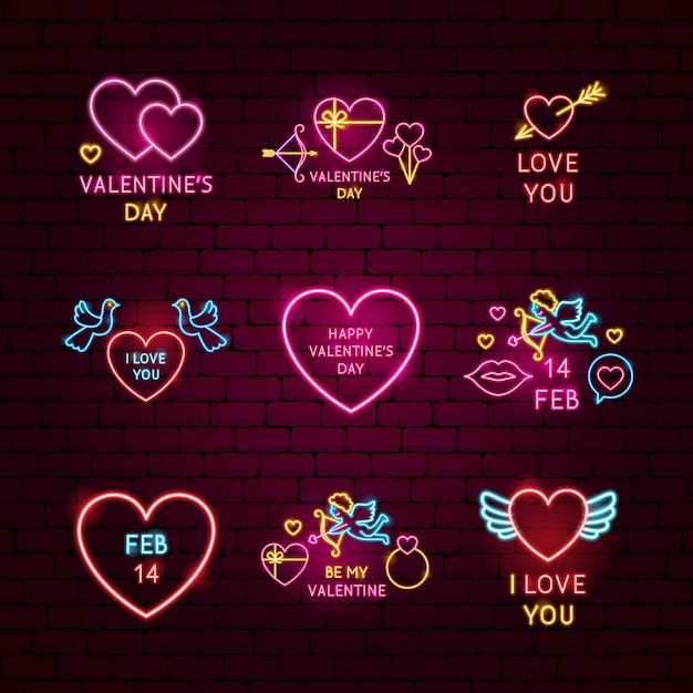 Set di etichette al neon di san valentino. illustrazione vettoriale di promozione dell'amore.