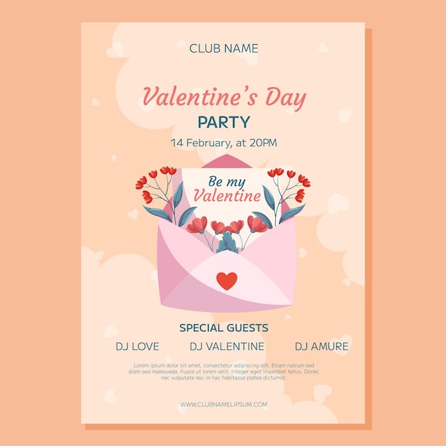 valentine day party poster template design pink open envelop letter words love you